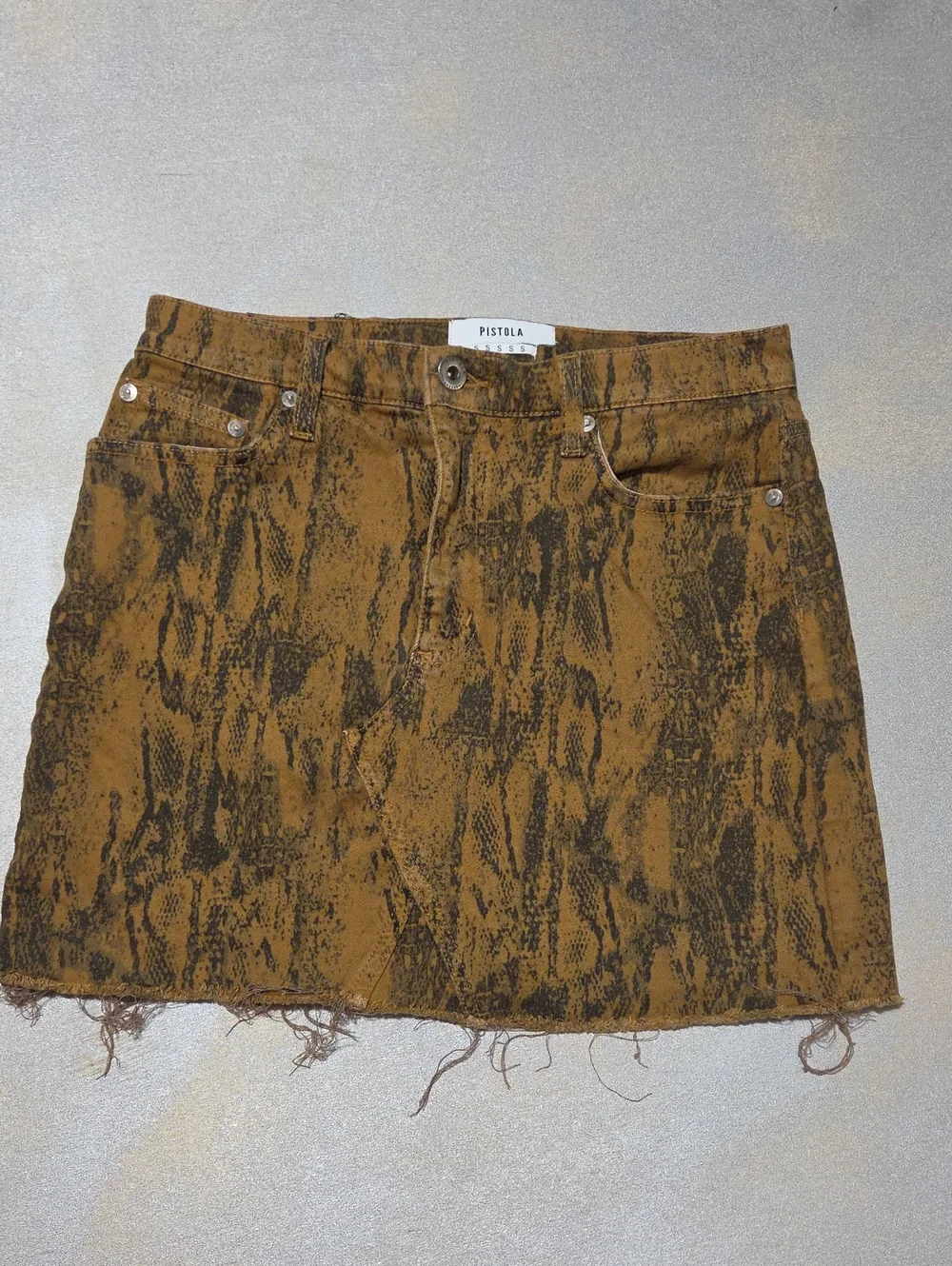 pistola brown mustard snake print denim mini skirt with frayed hem